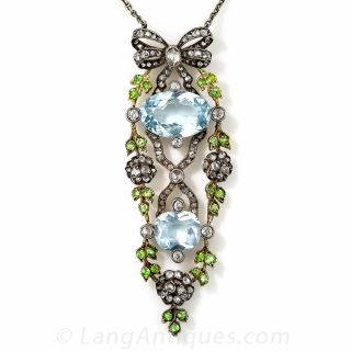 Antique Aquamarine, Demantoid and Diamond Pendant Necklace