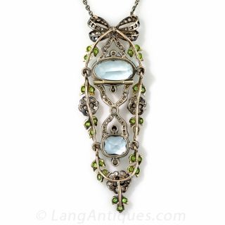 Antique Aquamarine, Demantoid and Diamond Pendant Necklace