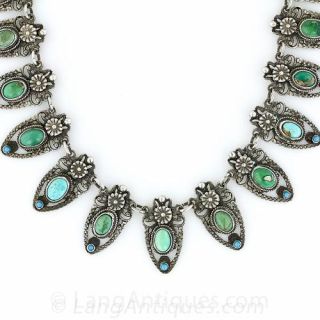 Antique Austro-Hungarian Silver and Turquoise Fringe Necklace