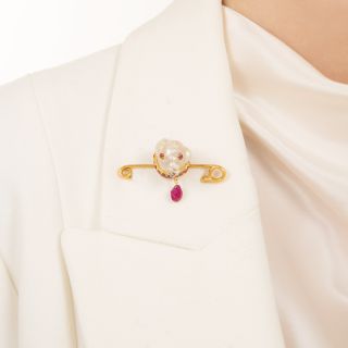 Antique Baroque Pearl and Ruby Dog Pin