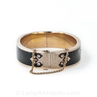 Antique Black Enamel Lily of the Valley Bangle Bracelet