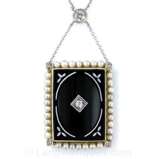 Antique Black Onyx, Pearl and Diamond Necklace