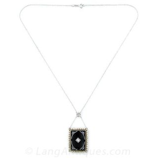 Antique Black Onyx, Pearl and Diamond Necklace
