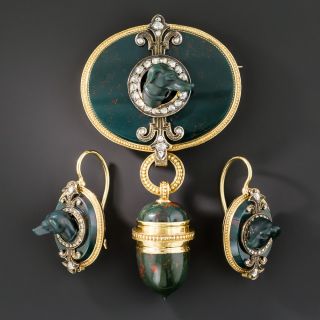 Antique Bloodstone Dog and Acorn Vinaigrette Brooch and Earrings Set  - 1