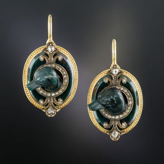 Antique Bloodstone Dog and Acorn Vinaigrette Brooch and Earrings Set 