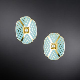 Antique Blue Enamel and Seed Pearl Earrings by Riker Brothers, Circa 1900 - 2