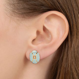 Antique Blue Enamel and Seed Pearl Earrings by Riker Brothers, Circa 1900