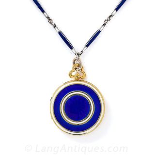 Antique Blue Enammeled Locket and Matching Chain Necklace