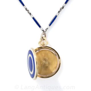 Antique Blue Enammeled Locket and Matching Chain Necklace