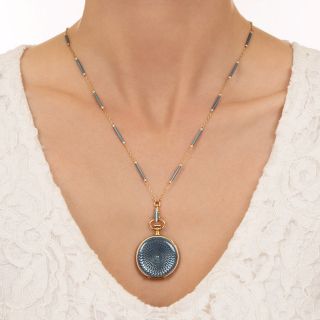 Antique Blue Guilloche Enamel Pendant Watch and Chain, Circa 1910
