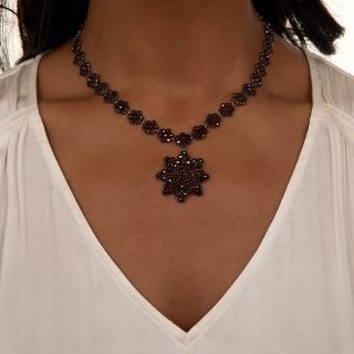 Antique Bohemian Garnet Necklace with Flower Pendant