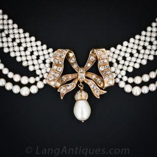 Antique Bowknot and Woven Pearl Necklace
