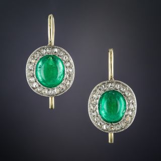 Antique Cabochon Emerald and Diamond Earrings