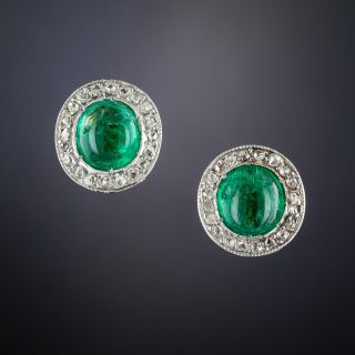 Antique Cabochon Emerald and Diamond Stud Earrings - 1