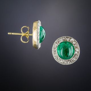 Antique Cabochon Emerald and Diamond Stud Earrings