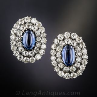 Antique Cabochon Sapphire and Diamond Earrings