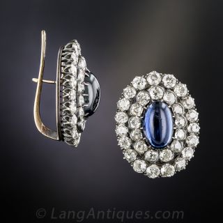 Antique Cabochon Sapphire and Diamond Earrings