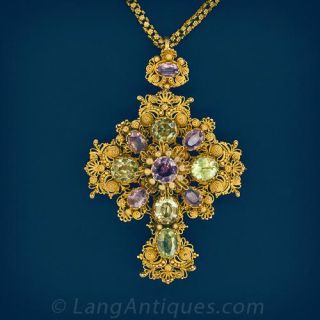 Antique Cannetille Gem-Set Cross and Chain