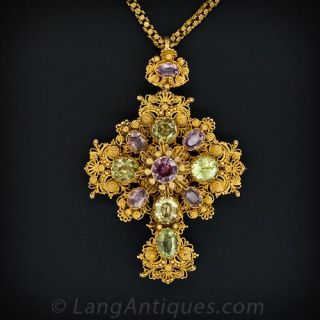 Antique Cannetille Gem-Set Cross and Chain
