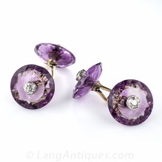 Antique Carved Amethyst and Diamond Cufflinks