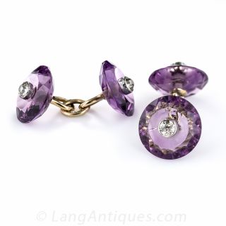 Antique Carved Amethyst and Diamond Cufflinks