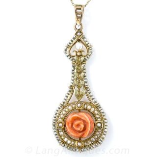 Antique Carved Coral and Natural Pearl Pendant