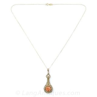 Antique Carved Coral and Natural Pearl Pendant