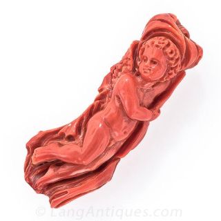 Antique Carved Coral Angel Brooch