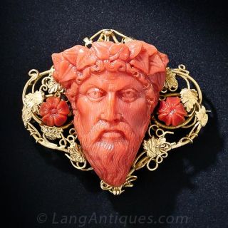 Antique Carved Coral Bacchus Brooch 