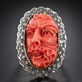 Antique Carved Coral Cameo and Diamond Ring