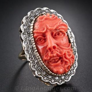 Antique Carved Coral Cameo and Diamond Ring