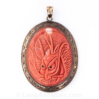 Antique Carved Coral Dragon Pendant
