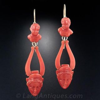Antique Carved Coral Drop Earrings