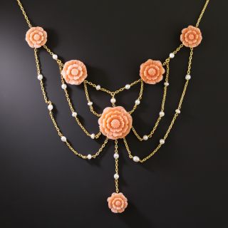 Antique Carved Coral Flower and Seed Pearl Garland Necklace - 1
