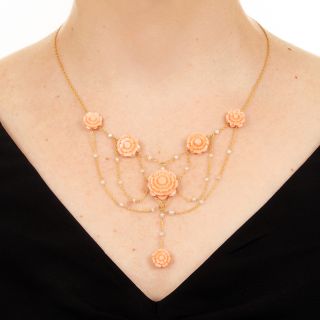 Antique Carved Coral Flower and Seed Pearl Garland Necklace
