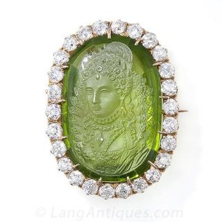 Antique Carved  Peridot Cameo and Diamond Brooch Pendant - 1