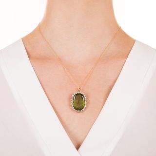 Antique Carved  Peridot Cameo and Diamond Brooch Pendant