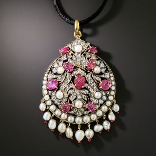 Antique Carved Ruby, Rose-Cut Diamond and Natural Pearl Mogul Pendant - 2