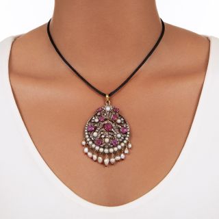 Antique Carved Ruby, Rose-Cut Diamond and Natural Pearl Mogul Pendant
