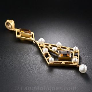 Antique Citrine and Natural Pearl Lavalier