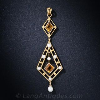 Antique Citrine and Natural Pearl Lavalier