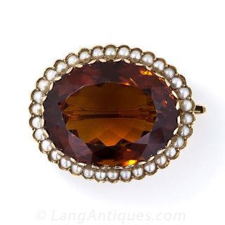 Antique Citrine and Seed Pearl Brooch
