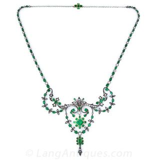 Antique Colombian Gem Emerald and Diamond Necklace
