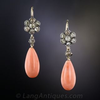 Antique Coral and Diamond Drop Earrings