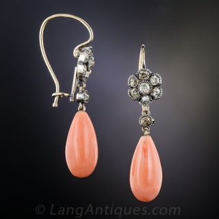 Antique Coral and Diamond Drop Earrings
