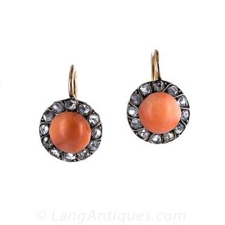 Antique Coral and Diamond Drop Earrings