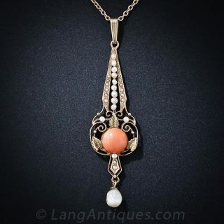Antique Coral and Seed Pearl Drop Necklace