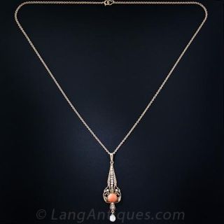 Antique Coral and Seed Pearl Drop Necklace