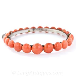 Antique Coral Bead  Bangle Bracelet 