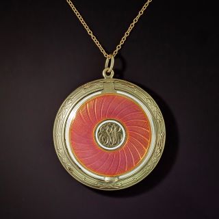 Antique Coral Colored Enamel Locket Pendant by Carter and Gough - 0